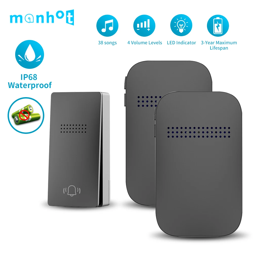 Wireless Doorbell Wireless Outdoor Doorbell Waterproof No Battery Required Self-Powered Door Bell Sets Home Outdoor Kinetic Ring Chime Doorbell