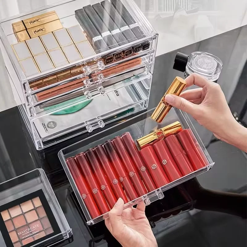 Makeup Storage Box Acrylic Transparent Drawer Divided Style Organizer Large Capacity Desktop Compact Dustproof Lipstick Storage 6