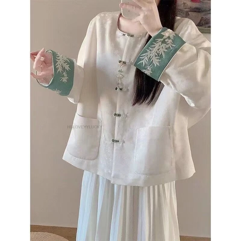 Autumn New Vintage Chinese Style Stand Collar Dragon Print Silk Shirt Women's Long Coat Embroidery Tangsuits Coat