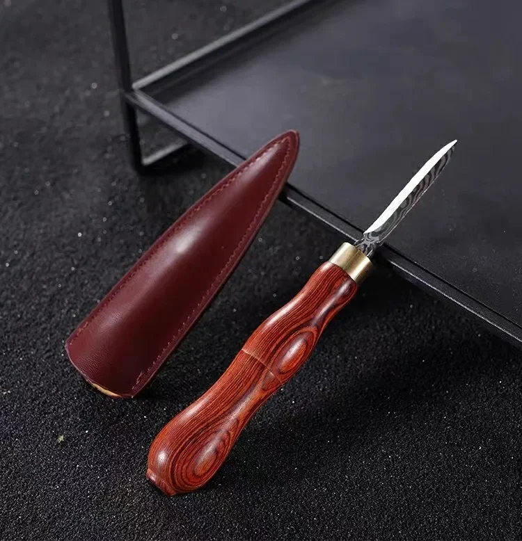 Pu'er Tea Knife Ebony Rosewood with Brick Tea Tool Belt Leather Cover Pattern Stainless Steel Knife