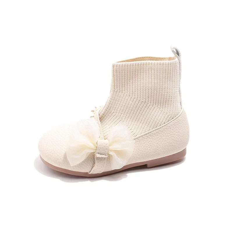 Girls Princess Boots 2025 Autumn Winter Brand New PU Leather Lace Bow-knot Sweet Soft Kids Ankle Boots Socks Style Slip-on Soft