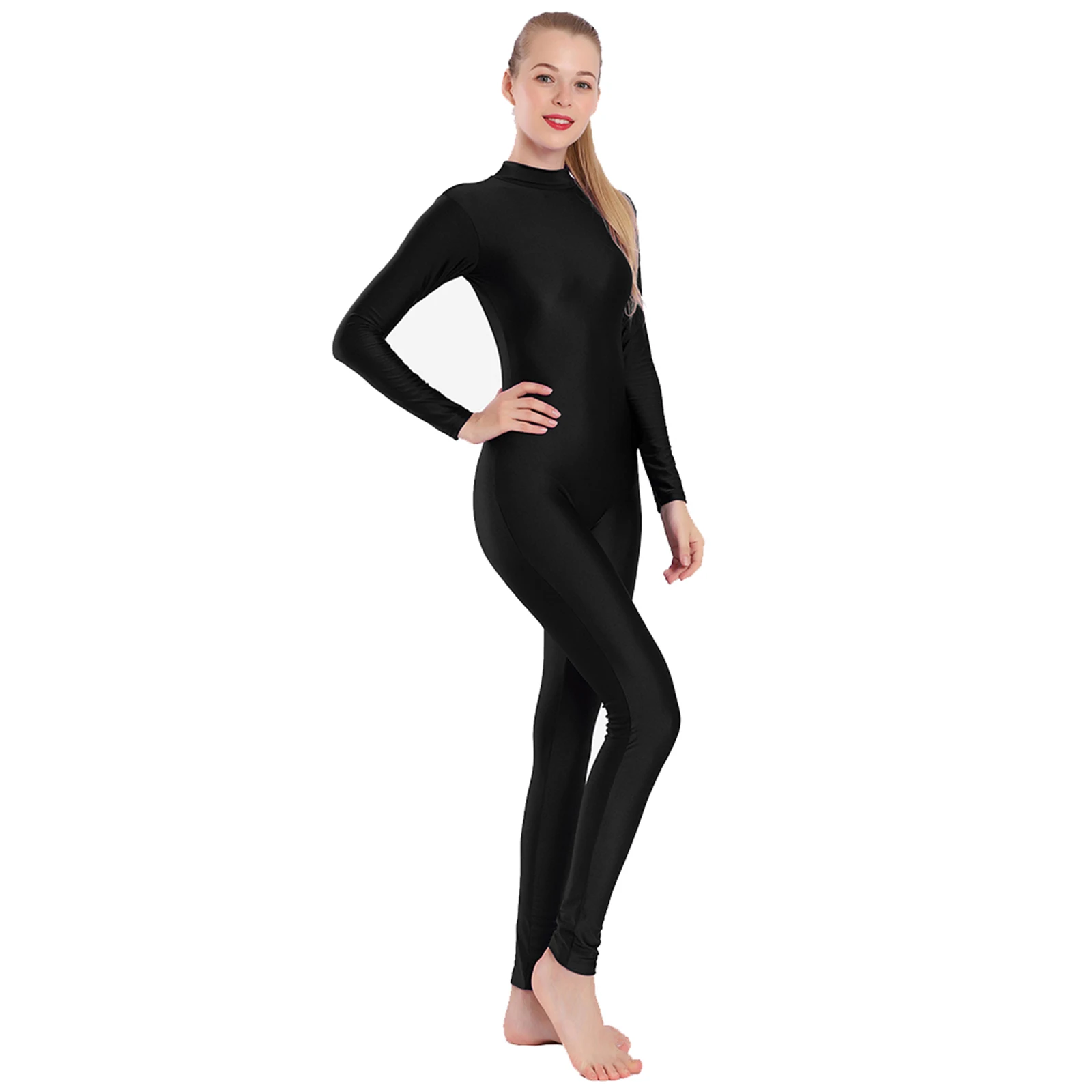 Catsuit Unitard Lycra Spandex Bodysuit das mulheres Gola Alta Manga Longa  Dancewear Catsuit Zentai Terno Corpo Pescoço Mock Skin-Tight - AliExpress