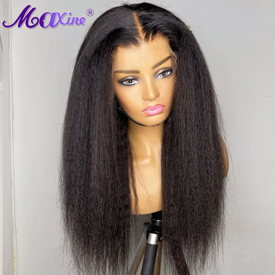 Kinky Straight Lace Front Human Hair Wigs 13X4 13X6 Transparent Lace Frontal Wigs Pre Plucked 180% Density Yaki Straight Wig