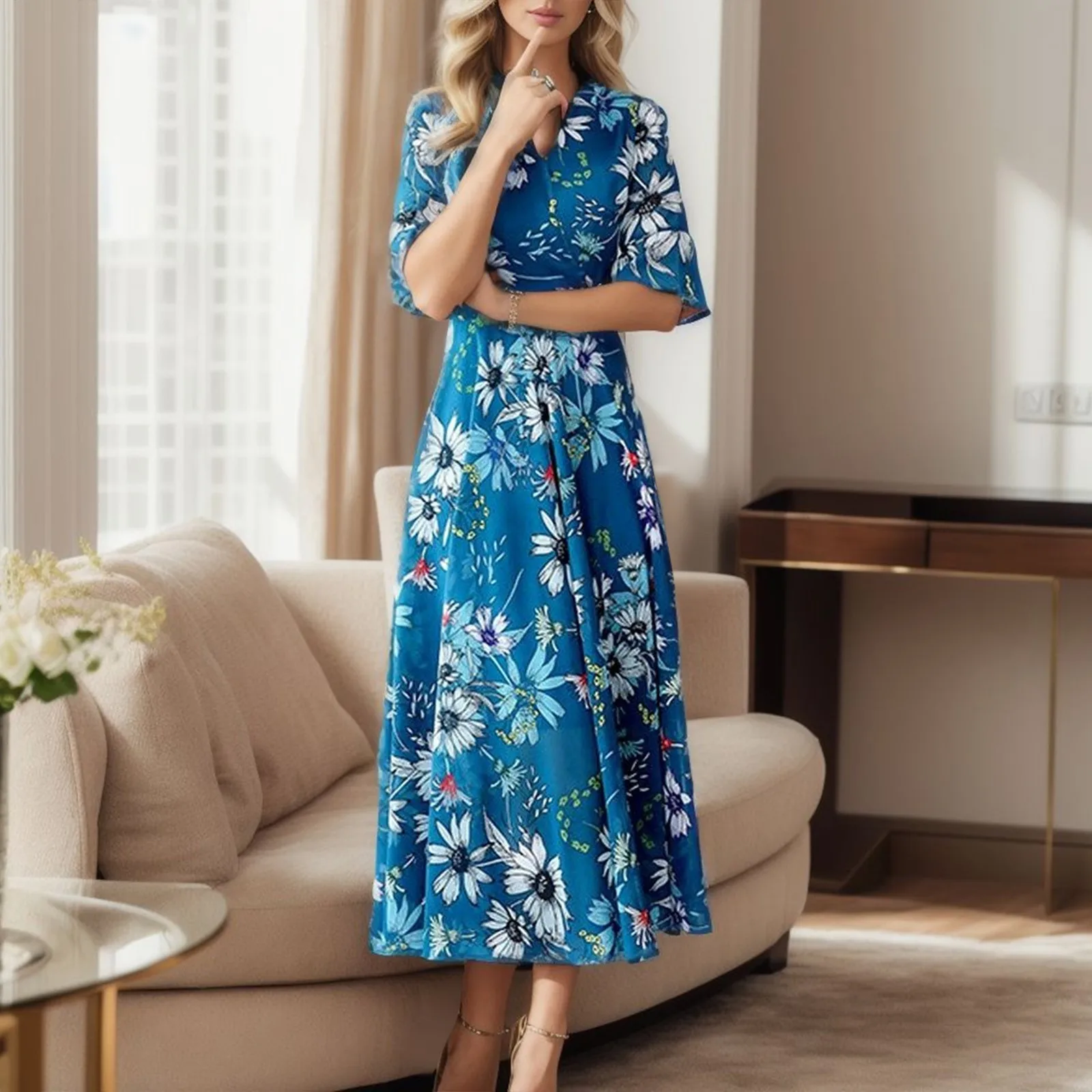 

Elegant Floral Print Maxi Dress Casual Short Sleeve V-Neck Long Dresses Female Waist Tunic Blue Party Dress Robes Longues