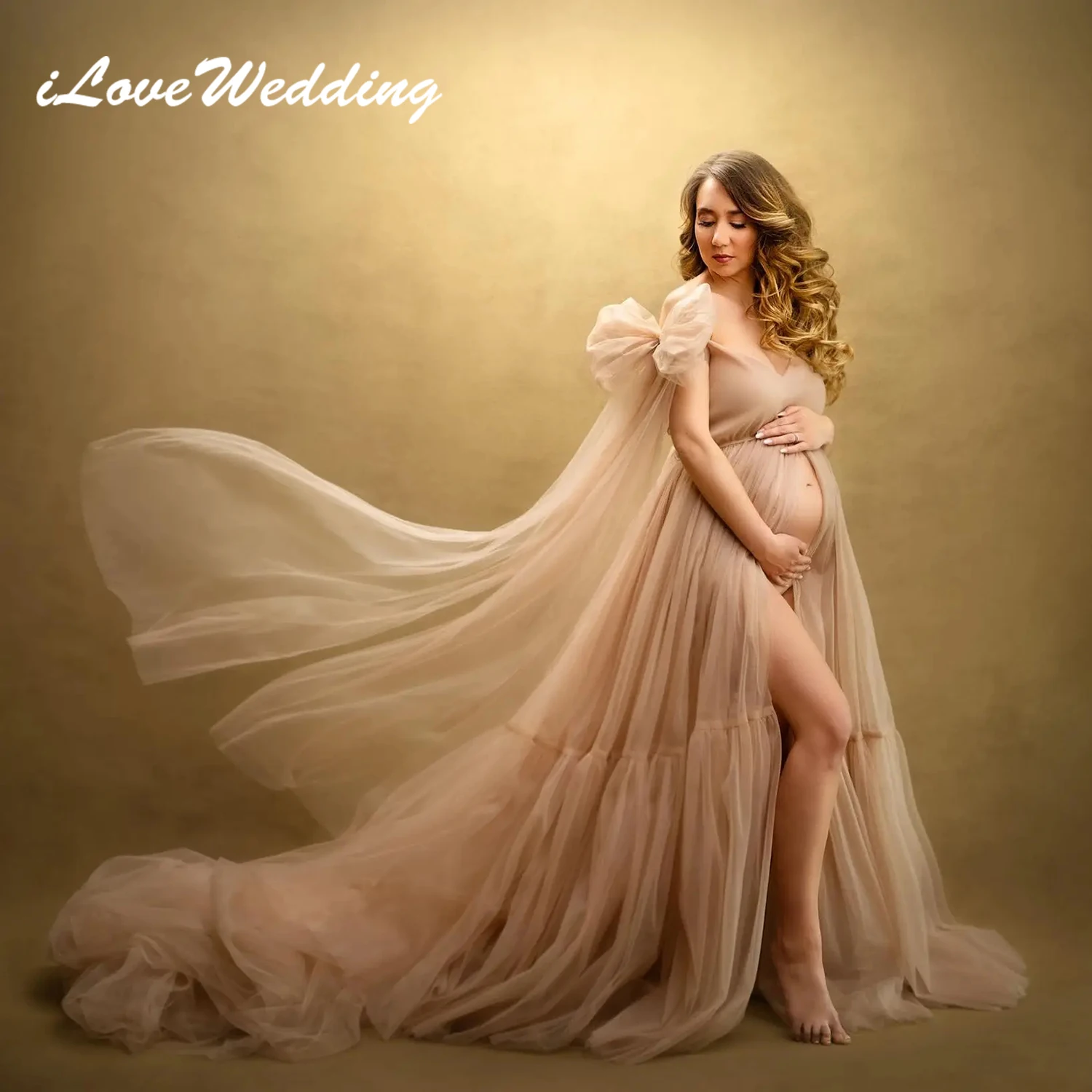 ILoveWedding Khaki Maternity Dress for Photoshoot Front Split Tulle Long Women Gowns Pregnancy Babyshower Prom Evening Dresses