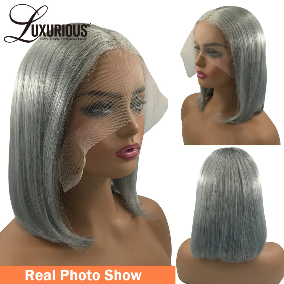 Human Hair Wig Sliver Grey Short Bob 13x4 Transparent Lace Frontal Wig Straight Brazilian Remy Hair Wig For Women
