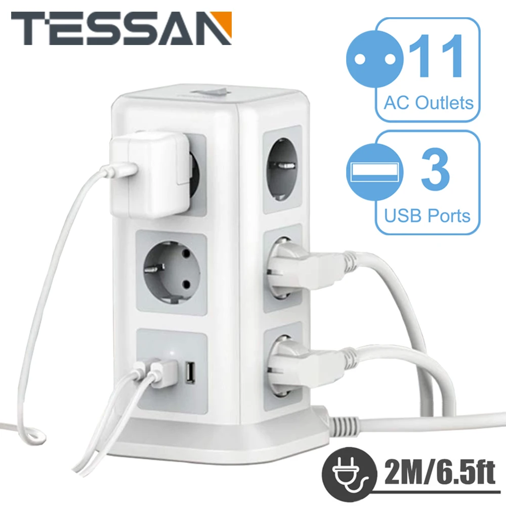 Tessan Eu Plug Power Strip Tower 2500W Con 8/11 Prese Ca + 3 Porte Usb + Interruttore On/Off, Ciabatta Multipresa Cavo 2M