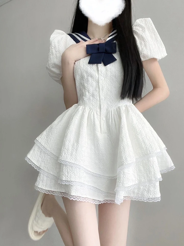 

Zoki Cute Bow Sailor Collar Dress Women Sweet Lace Patchwork Ball Gown Mini Dress Japan Kawaii Preppy Style Elegant Vestidos New