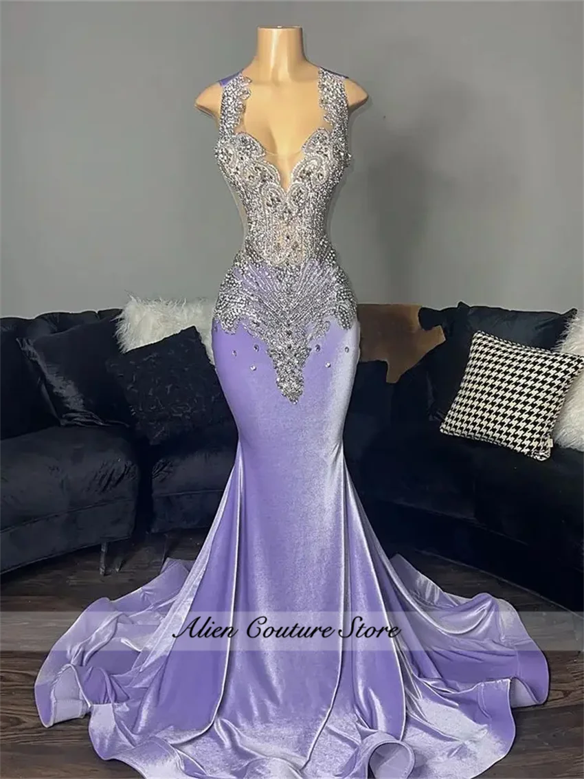 Lavender Purple Long Prom Dresses For Black Girls Luxury Silver Beads Wedding Birthday Party Gown Customized