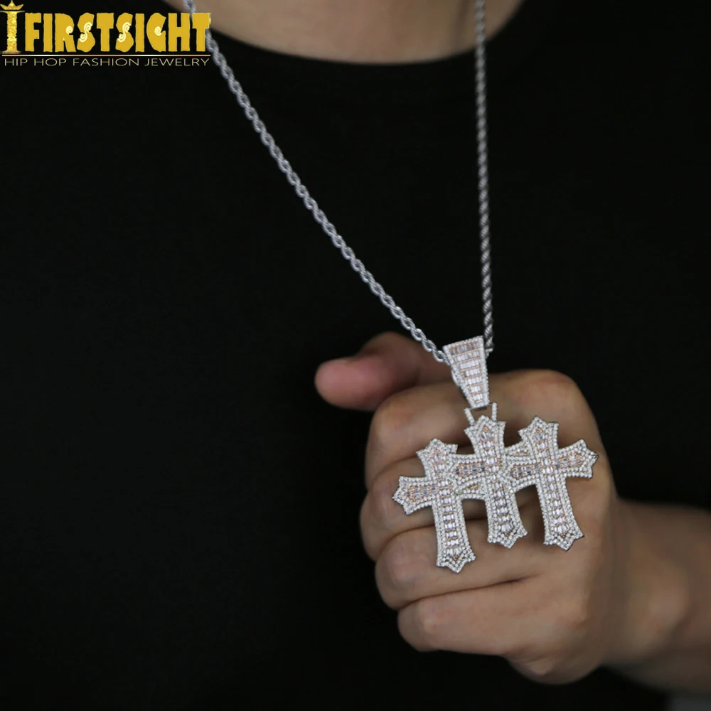 Iced Out Three Cross Pendant Necklace For Women Men Two Tone