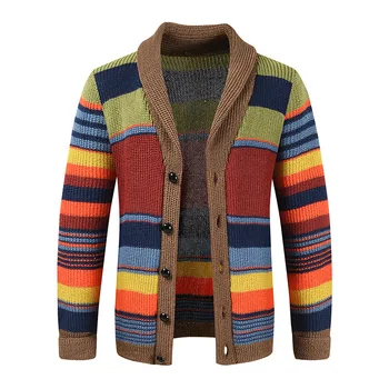 2023 Spring Fashion Men's V-Neck Collar Cardigan Sweater Slim Fit Cable Knit Patchwork Merino Woolen Long Sleeve Casual Male