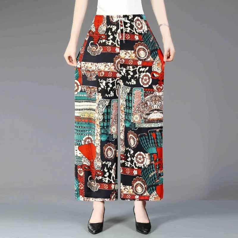 Autumn and Winter Women's High Waist Printing Drawstring Patchwork Elastic Loose Fashion Casual Elegant Commuter Wide Leg Pants