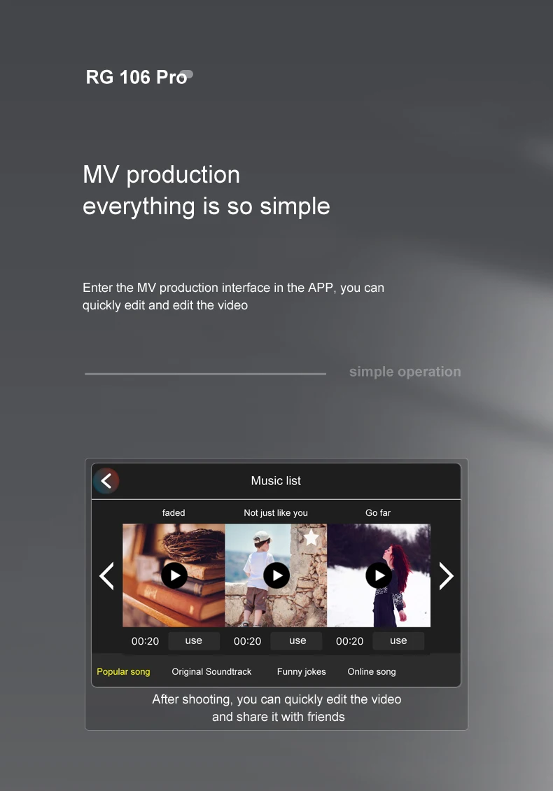 RG106 MAX Drone, Enter the MV production interface in the APP , you can quickly edit and edit the