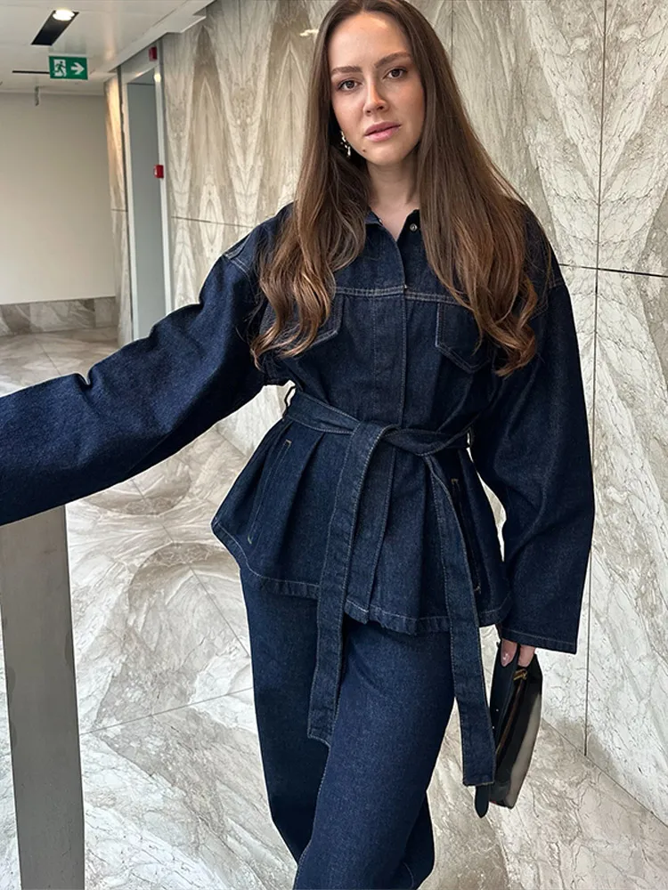 Street Denim Jacket Pants Sets Women Belt Spliced Lapel