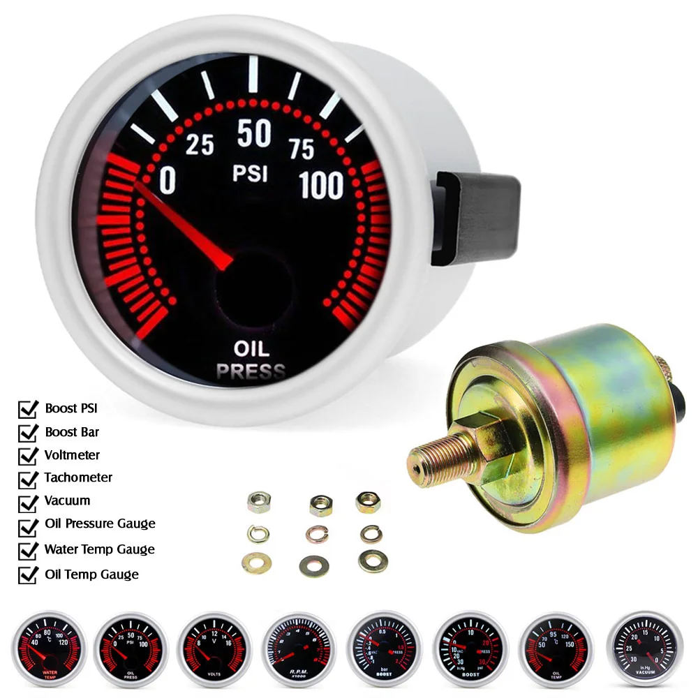 

2" 52mm Oil Pressure Gauge with Sensor 1/8NPT Voltmeter Vacuum Water Temp Oil Temp Gauge Boost Bar Gauge Boost Psi Tachometer