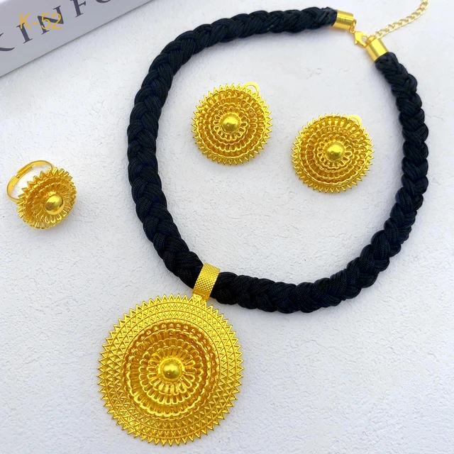African Black Rope Necklace Earrings Jewelry Set For Women 24K Gold Plated Dubai Indian Nigeria Bridal Wedding Party Jewellery 2