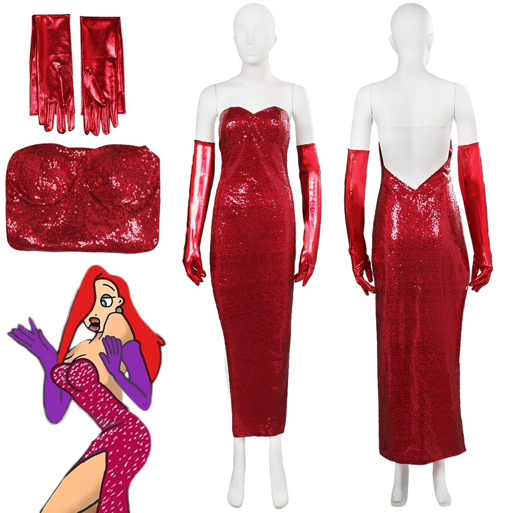 

Jessica Cosplay Fantasy Sexy Sequin Red Dress Cartoon Framed Rabbit Costume Disguise Adult Women Halloween Fantasia Outfits