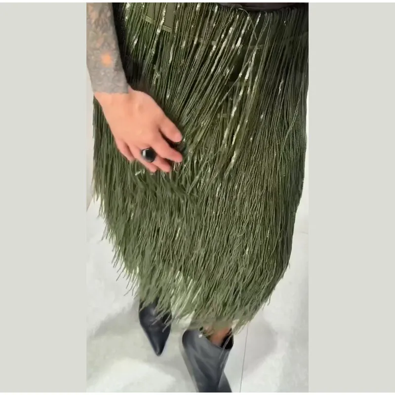Women's Olive Green Sequin Fringe Midi Skirt Sparkly Tassel Party Skirt for Evening Clubwear 2025 Festival New Sexy Lady Skirts 24 See99096c9f7540cba88cc2e1a82b584ev