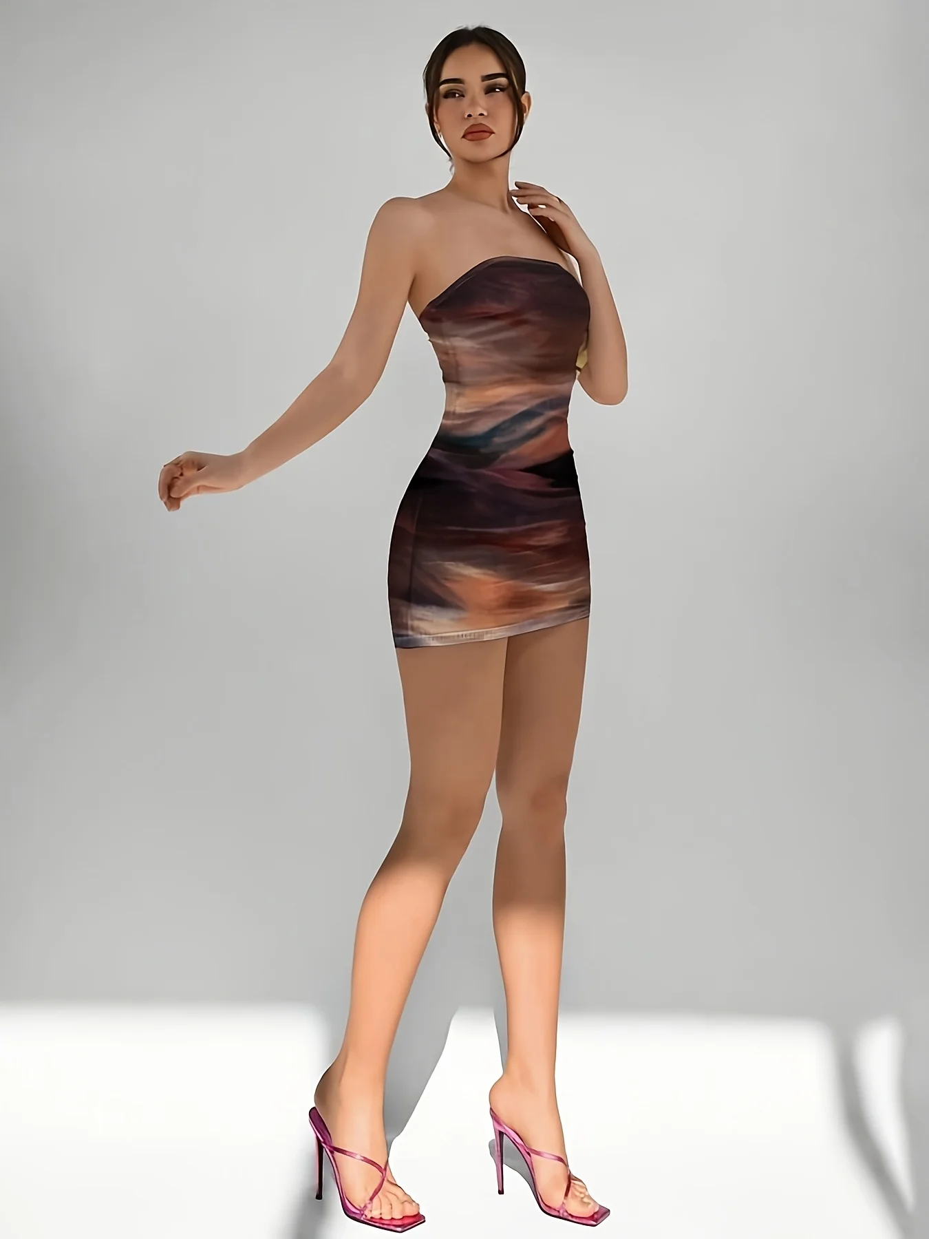 Robe Mini Élégante Femme en Maille Imprimée Dégradée, Nouveau Style Printemps-Été, pour Fête et Vacances, Sexy, Sans Bretelles, Coupe Ajustée