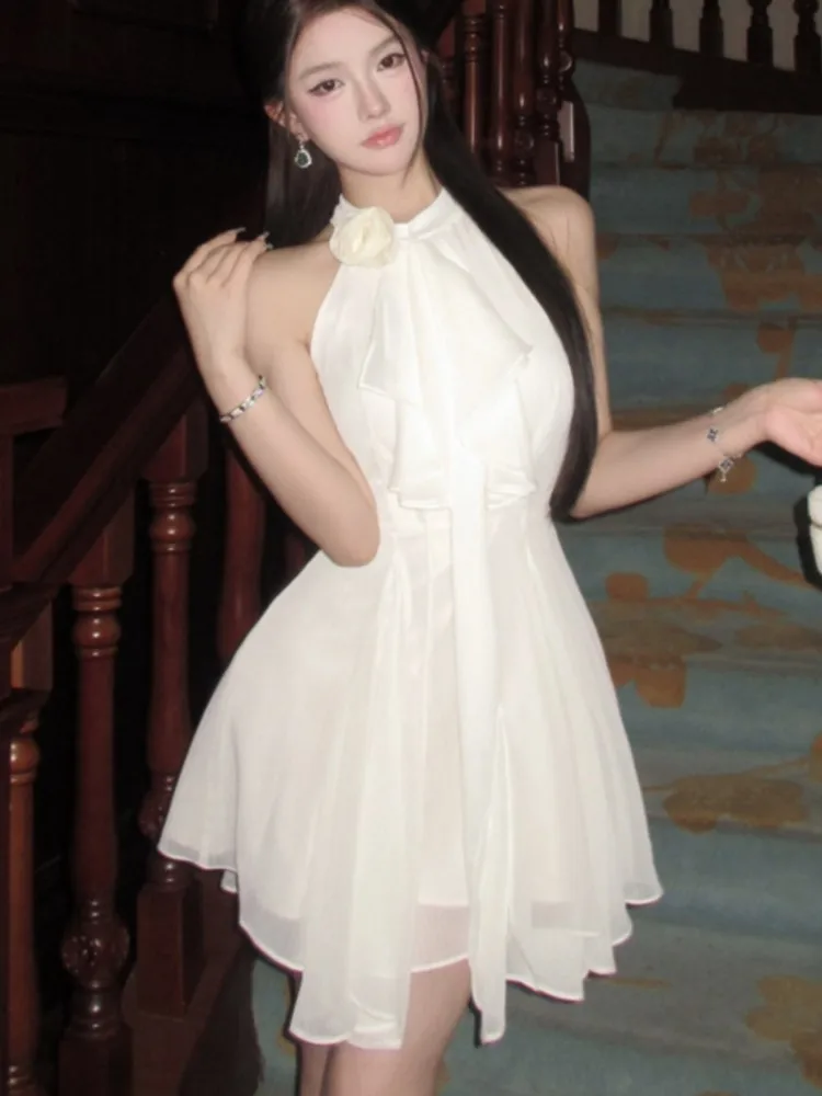 

Elegant Chiffon Halter Short Dresses for Women Sleeveless Ruffles A-line Summer New Evening Party Dress Prom Robe Vestidos Mujer