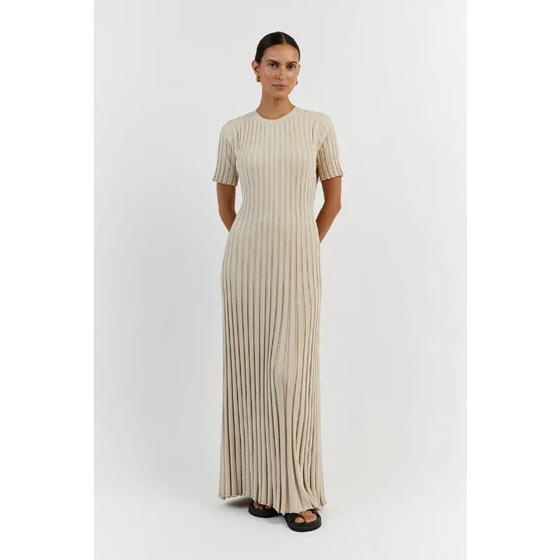 Ribbed Short Sleeve Casual Maxi Dress Knitwear Lace-Up High Waist Solid Patchwork Dress Autumn Female Knit Dress New