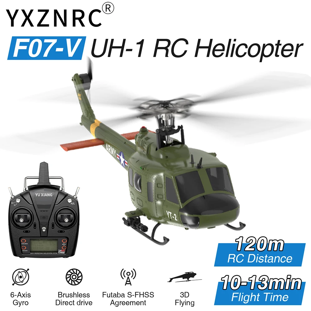 2025 신형 YUXIANG RC 헬리콥터 F07-V UH-1 6축 자이로 6채널 3D 비행 1:34 스케일 휴이 듀얼 브러시리스 모터 무선 조종 비행기