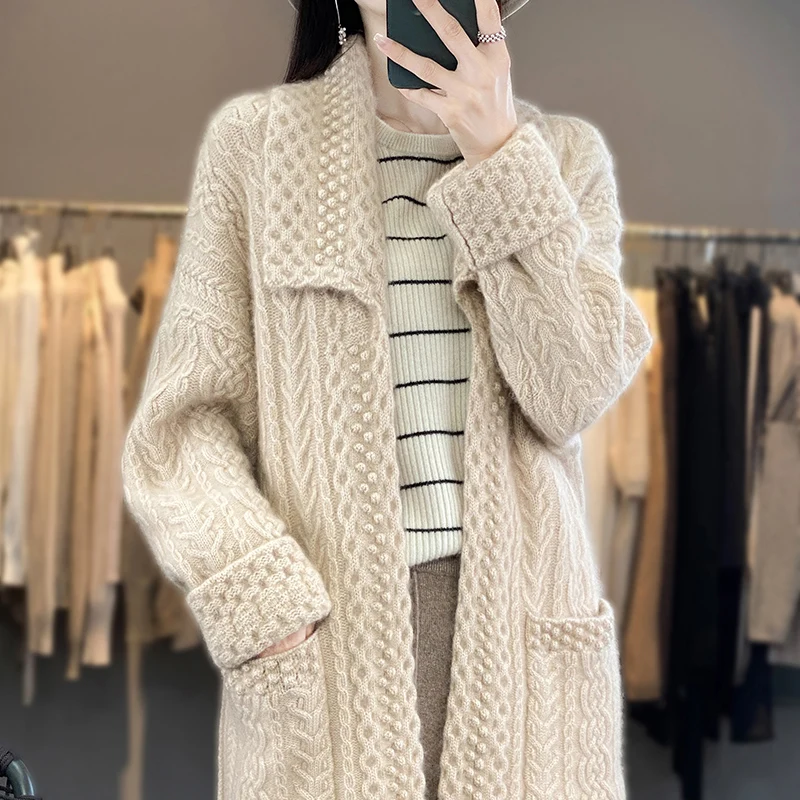 

Cashmere sweater Women's lapel coat Autumn and winter new casual knitting high-end trend long 100% wool cardigan Women's coat