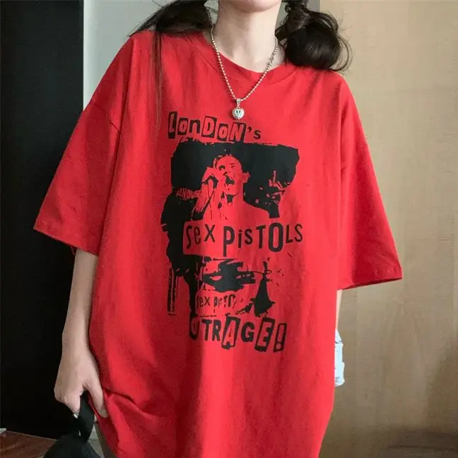 

Loose American Vintage Hip-Hop Punk Ins Red Street Short-Sleeved T-Shirt Men And Women Oversized Harajuku T-Shirt Summer Tee
