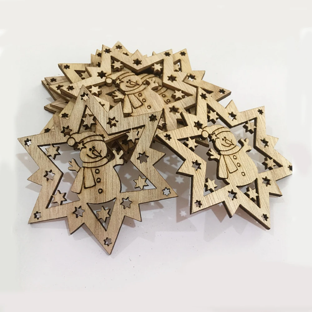 10pcs DIY Natural Christmas Craft Decoration House Snowflakes Tree Shape Wooden Chip Hanging Ornaments Christmas Navidad Decor