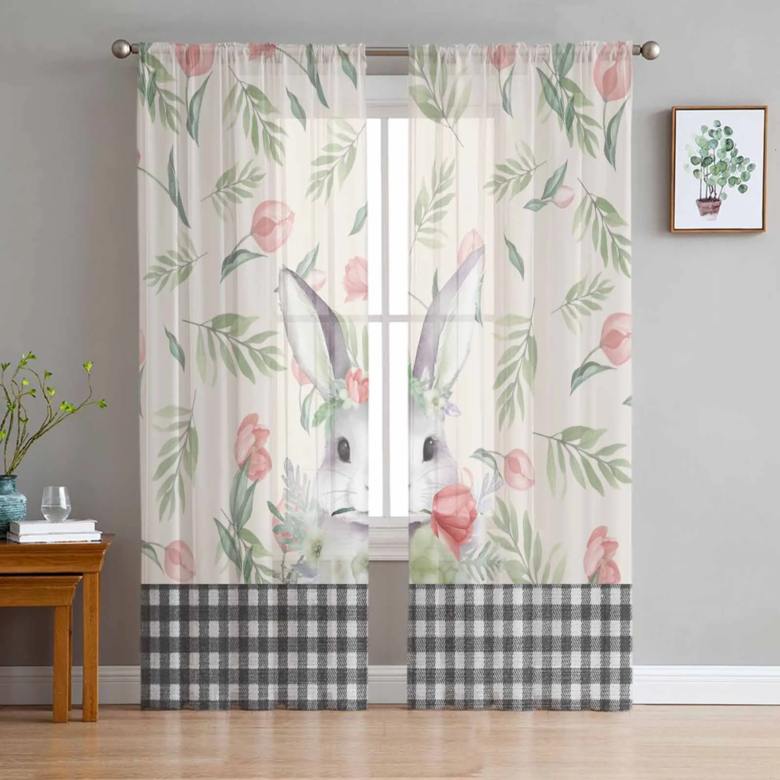 

Easter Bunny Flowers Sheer Curtains for Living Room Kitchen Window Curtains Bedroom Tulle Voile Curtains