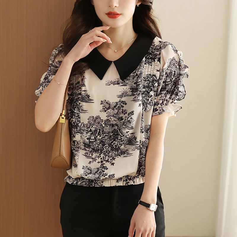

Chiffon Shirt Women Summer 2023 New Floral Printed Blouses Chinese Style Loose Short Sleeve Top Turn-down Collar YCMYUNYAN