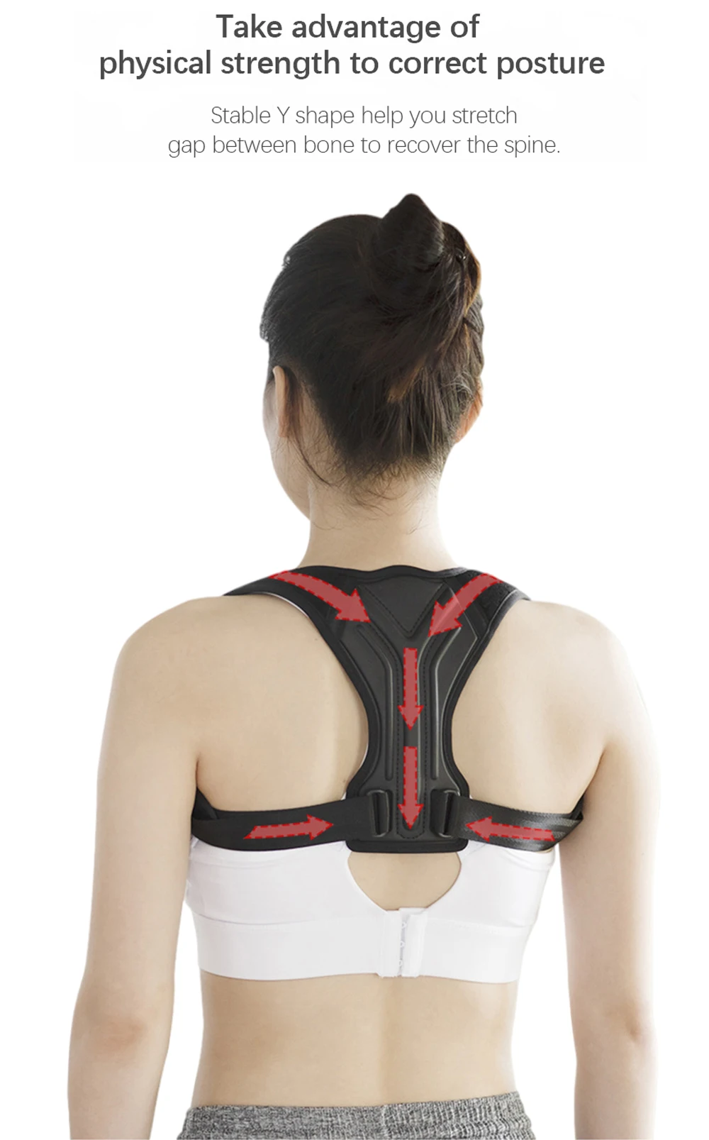 A person wearing the adjustable Y-shape posture corrector back support corset over clothing during daily activity, showing how the Y-shape strap gently retracts the shoulders and supports the upper spine in an upright aligned position.