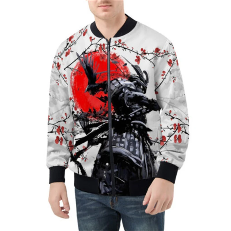 thumbnail image 1 of Chaqueta de primavera y otoño para hombre, con estampado 3D de máscara de samurái Oni y tatuaje, con cremallera por todas partes, chaquetas de bombardero para hombre, abrigos casuales unisex, ropa gen, 1 of 4