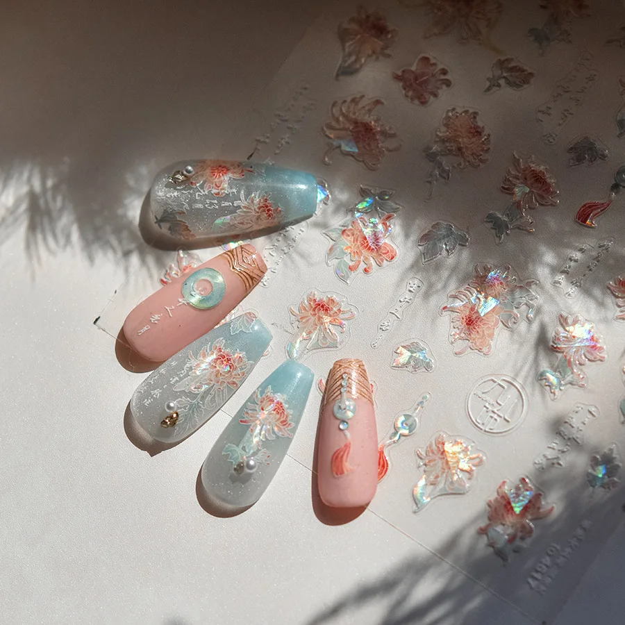 Flash Pink Queen Chrysanthemum Jade Pendant Adhesive Nail Stickers Art Decals Manicure Accessories T-4617 2
