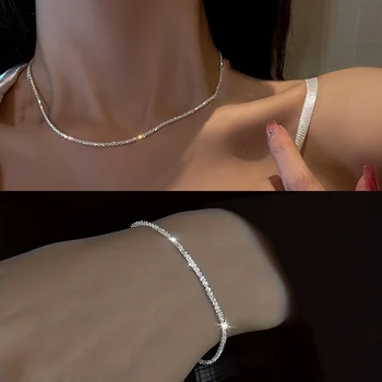 Set di gioielli con bracciale e collana a catena con clavicola placcata in argento scintillante lucido da 2 pezzi per accessori minimalisti con cielo stellato da donna 1