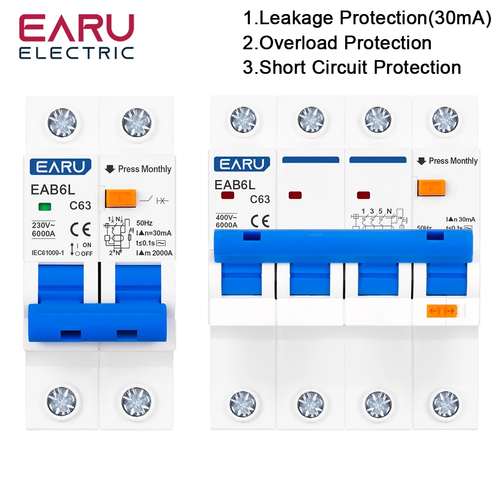 Circuit Breaker 2P 4P C Type AC230V MCB Leakage Protector RCBO Overload Short Circuit Protection Residual Current Switch RCCB