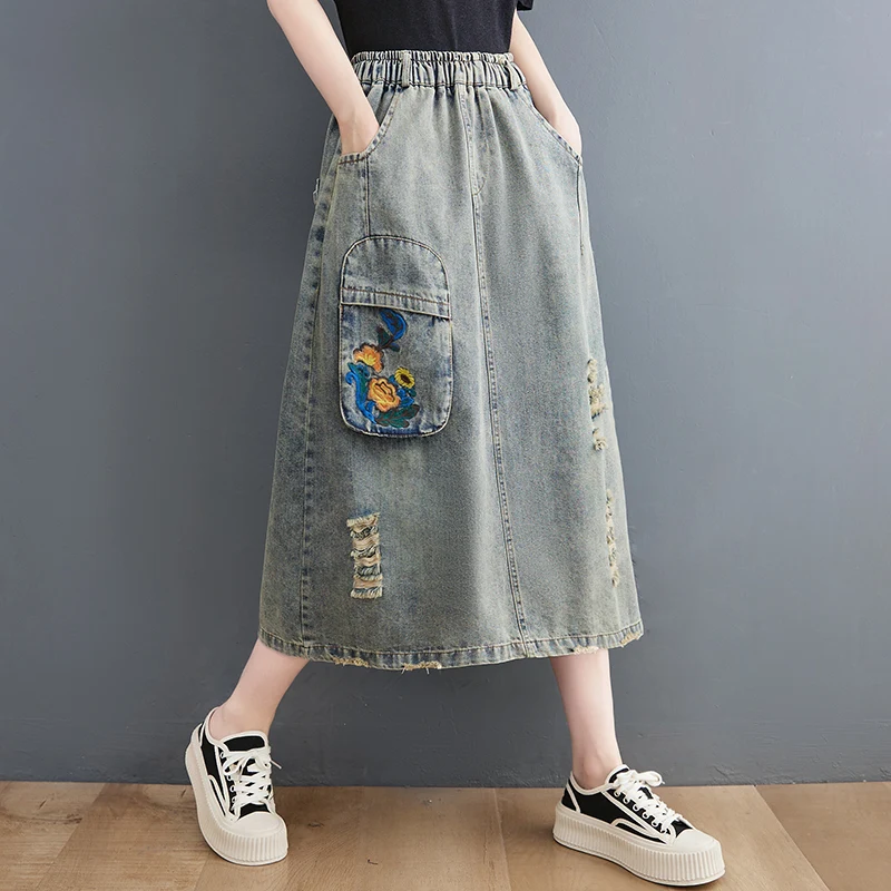 تنورات نسائية طويلة مطرزة عتيقة من قماش الدنيم ملا...