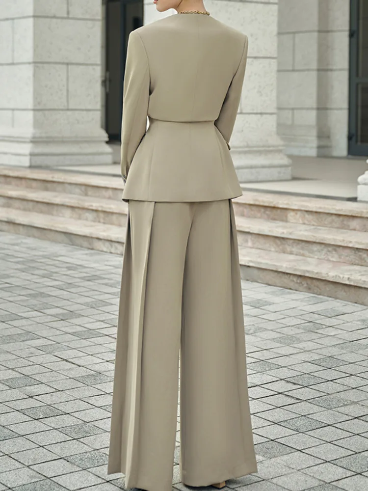 [LANMREM] Elegant Suits 2 Set For Women Gathered Waist Blazers High Waist Pleasted Wide Leg Pants Fashion 2024 New 26D8939