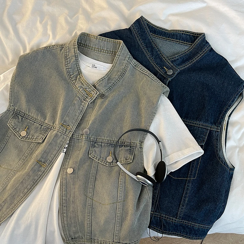 개성 레트로 블루 스탠드 칼라 데님 조끼 겉옷 2024 봄 새 여성 옷 올 매치 느슨한 싱글 브레스트 탑 