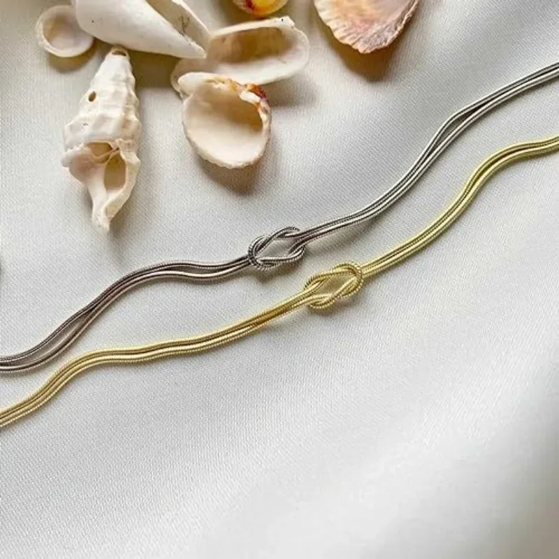 Gold&silver Color Thin Snake Chain Couple Bracelet for Women Men Stainless Steel Knot Double Chains Lover's Bangle Unisex Bijoux