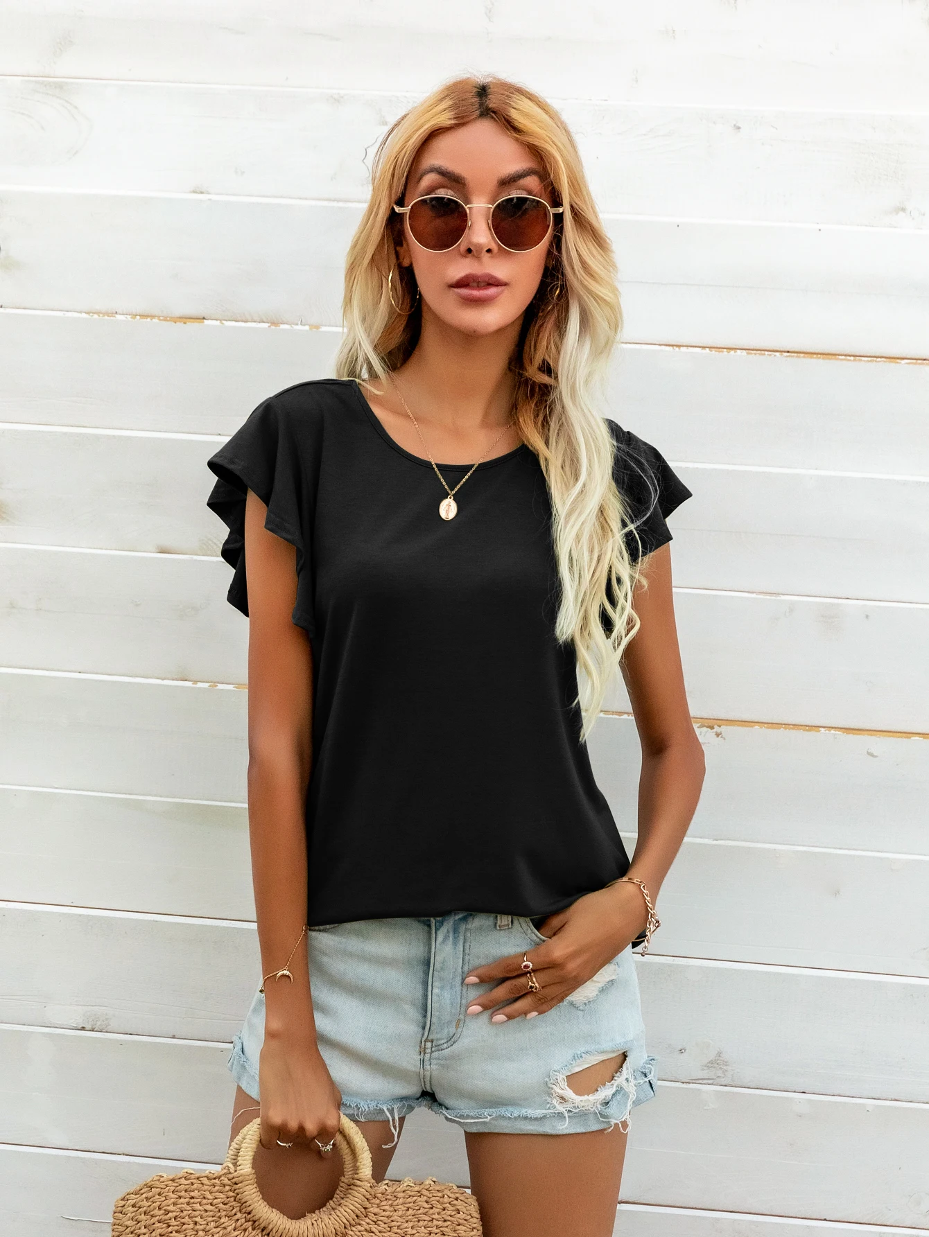 

LEVACA Black Tunic Tops Loose Fit Butterfly Sleeve Casual Round Neck T-Shirt For Womens Summer