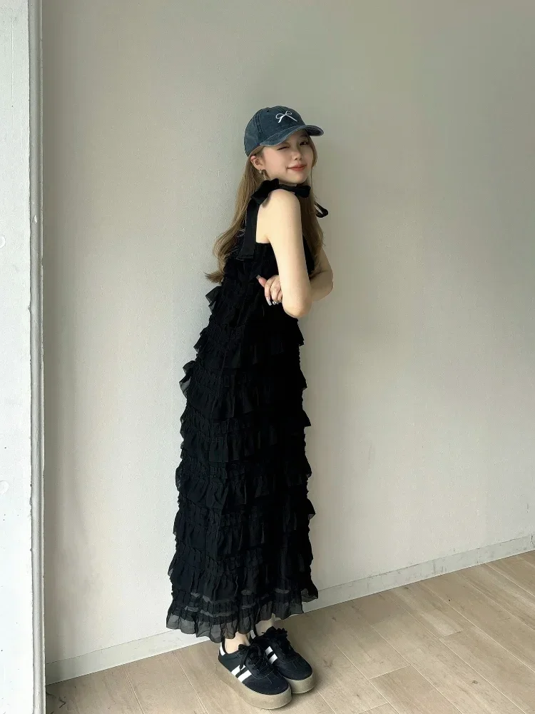 

Sweet Layered Ruffle Pleated Cake Long Dress Women 2024 Summer Fashion Sleeveless Lace Up Dresses Korean Lady Elegant Streetwear