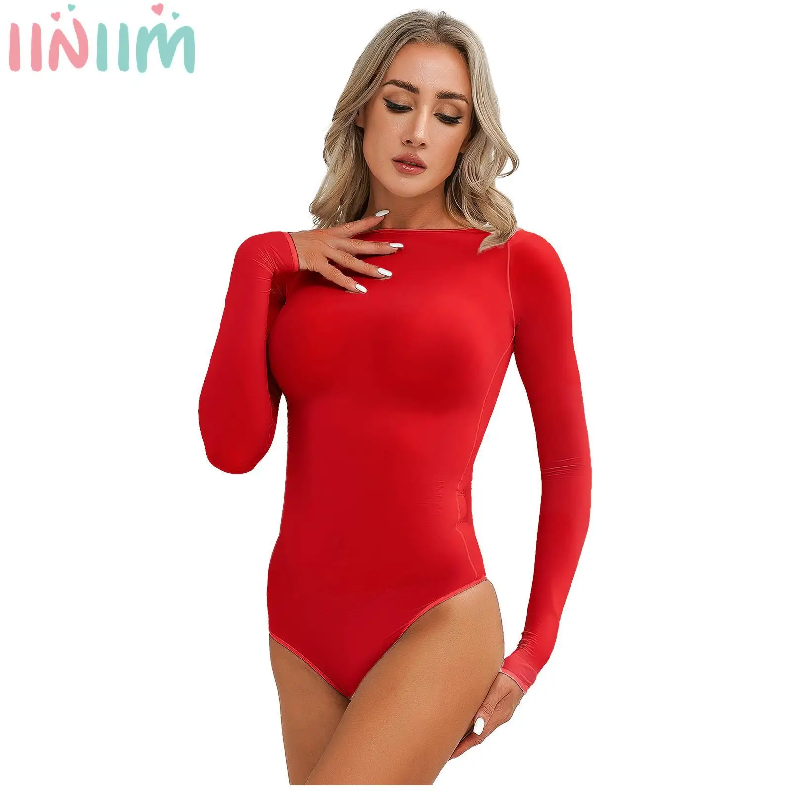 

Womens Sexy See Through Bodysuit Stretchy Lingerie Long Sleeve Leotards Teddy Babydolls Club Crotchless Erotic High Cut Bodywear
