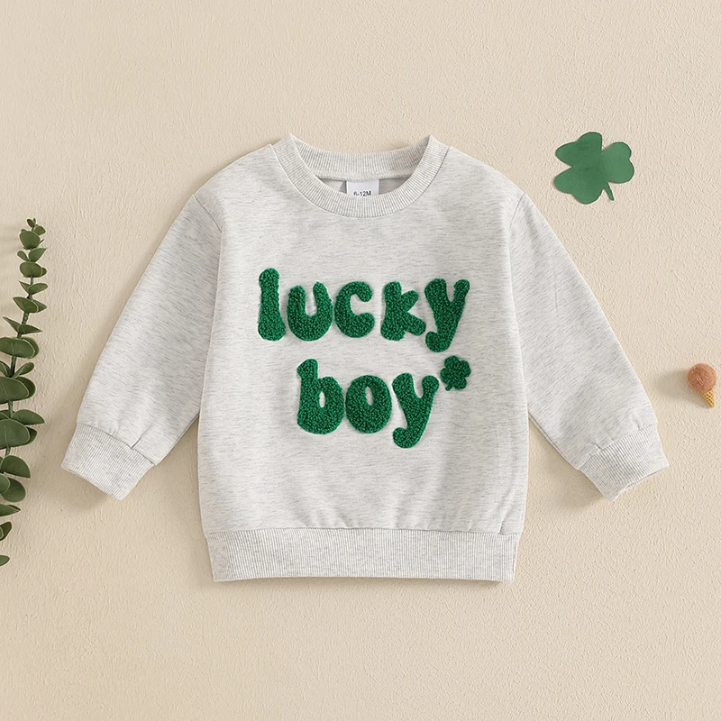 -01-02 Lioraitiin Toddler Baby Boy Irish Sweatshirt Spring Letter Clover Embroidered Long Sleeve O-Neck Casual Pullover Tops