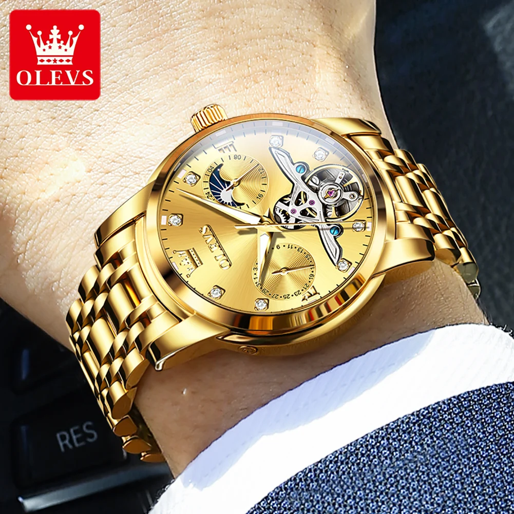 OLEVS Brand Luxury Gold Mechanical Watch Men Stainless Steel Waterproof Moon Phase Fashion Tourbillon Watches Relogio Masculino