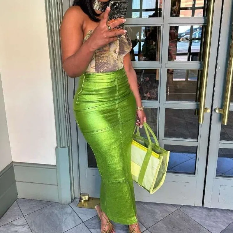 

Metallic Green Skirt Y2k Women High Waist Back Slit Maxi Shiny A-line Skirts Zipper Up Summer Streetwear Party Clubwear