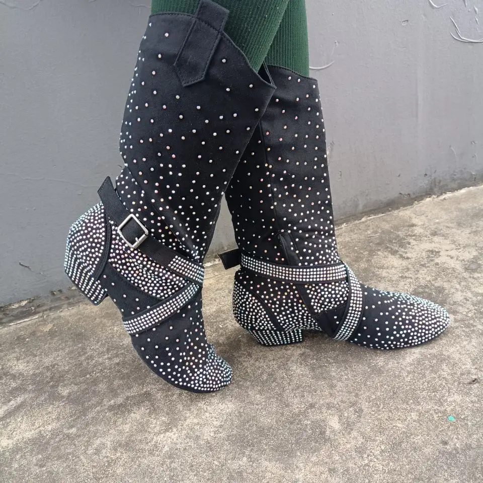 Practice OEM Latin Dance Boots Black Rhinestone Soft Latin Salsa Ballroom Party Dancing Shoes Black Sport Party Dance Boot Shoes 3