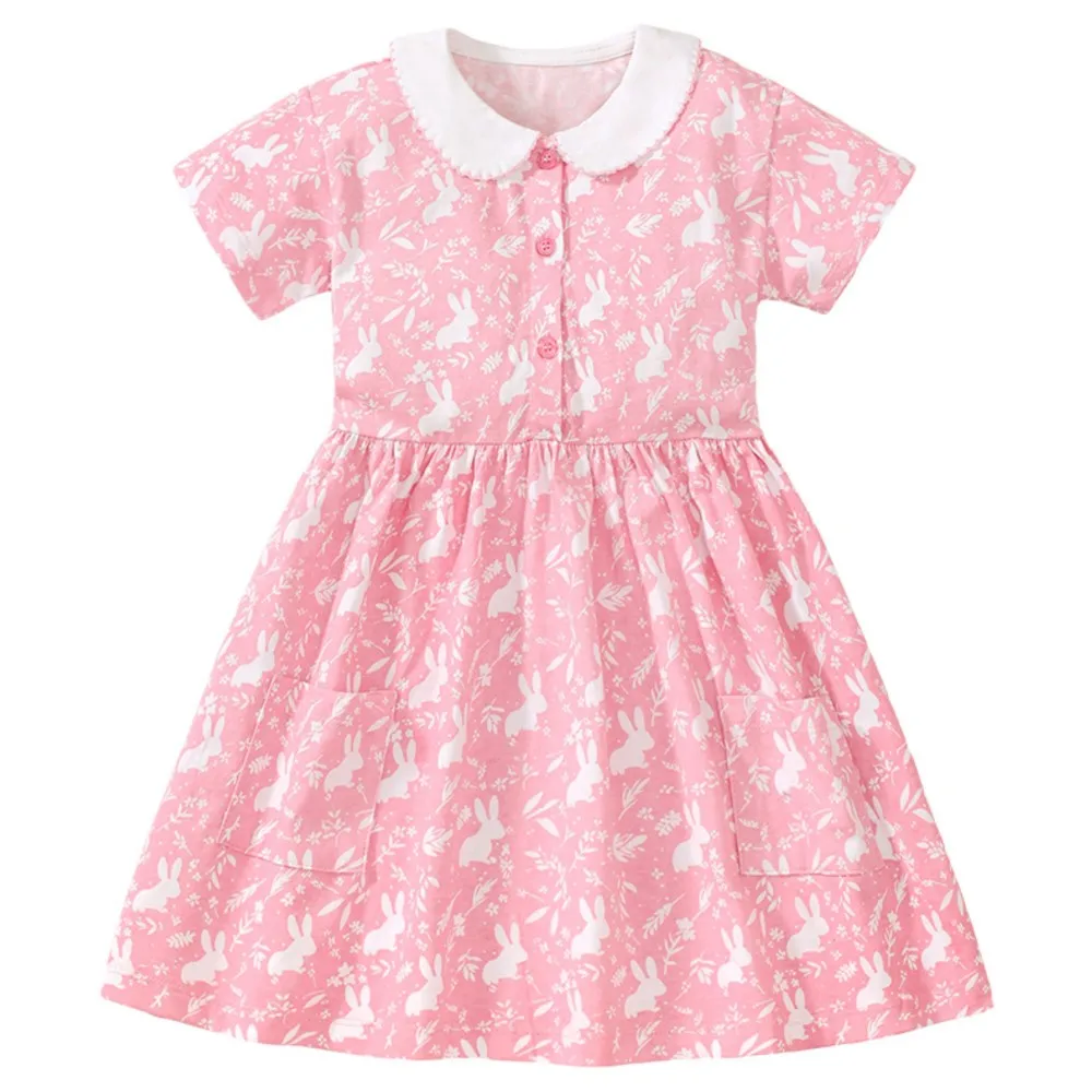Cotton Baby Girls Pink Dresses Cartoon Rabbit Summer Holiday Dresses Kids Clothes Party Dress Children's Clothing