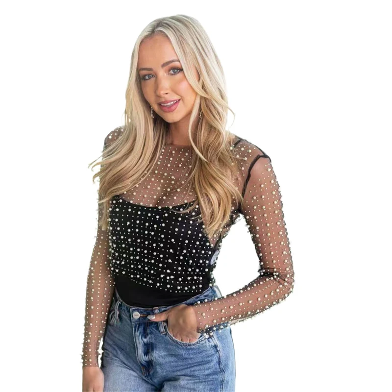 Glamouröses, durchsichtiges Mesh-Langarm-Top mit Perlen, Strasssteinen, Neckholder, sexy Clubwear für Damen, Sommer-T-Shirt, Bluse 2026, Direktversand – Detail 1