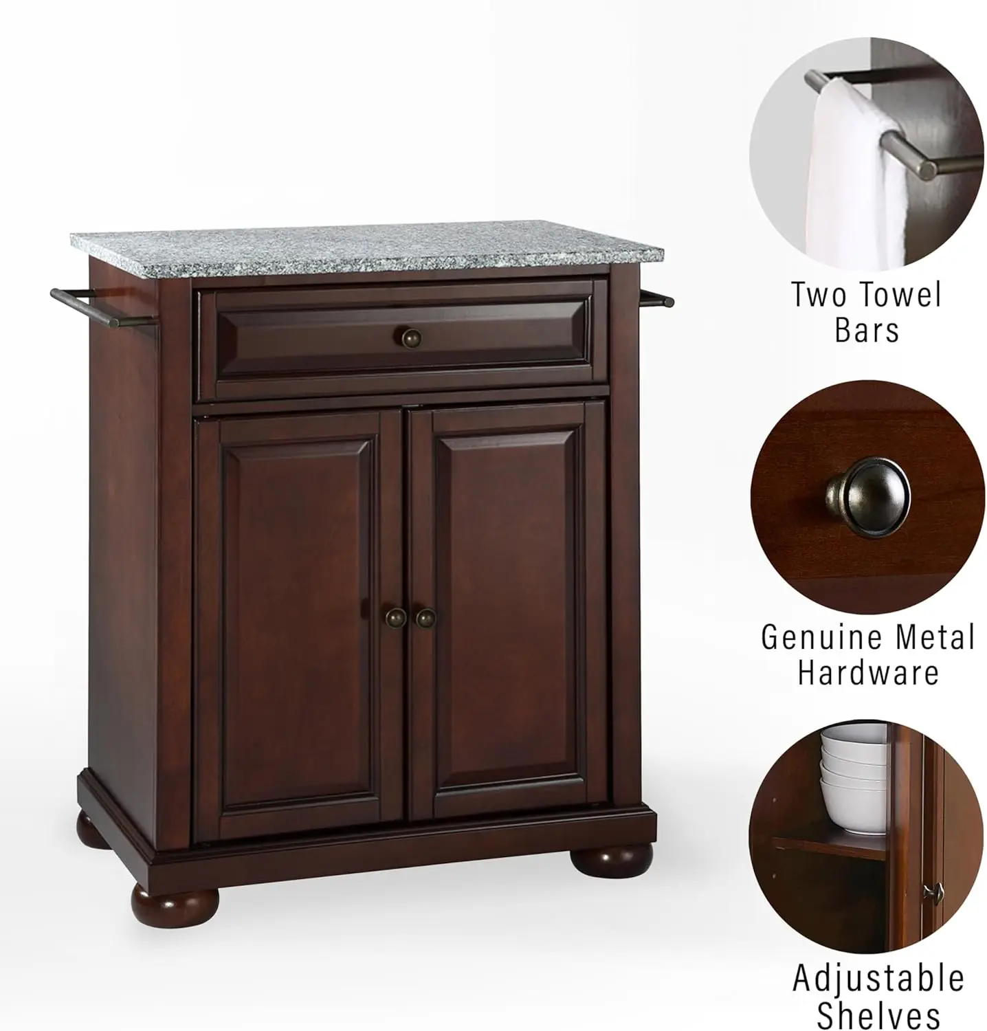 Alexandria Cuisine Kitchen Island with Solid Grey Granite Top-Vintage Mahogany